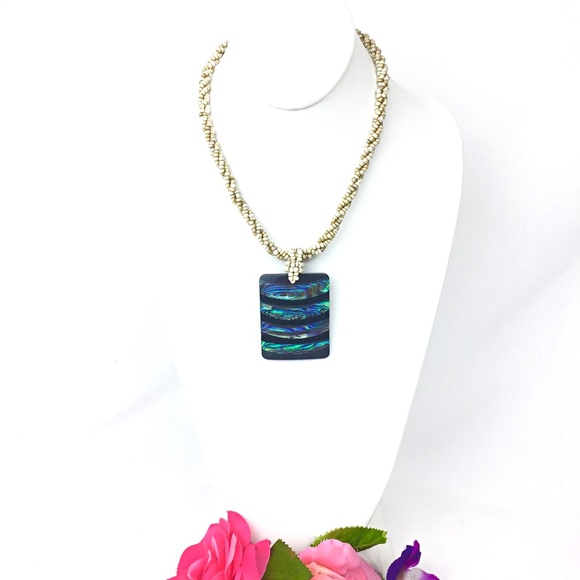 Braided Multi-Strand Seed Bead and Abalone Shell Pendant Necklace - Picture 2 of 8